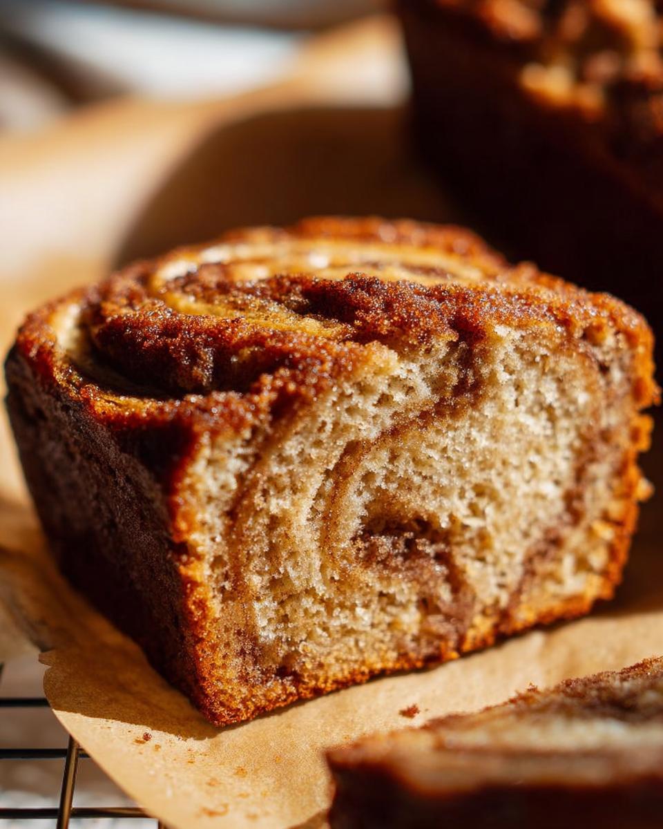 A close-up of a moist slice of Cinnamon Swirl Banana Bread showing the distinct cinnamon swirl pattern inside.