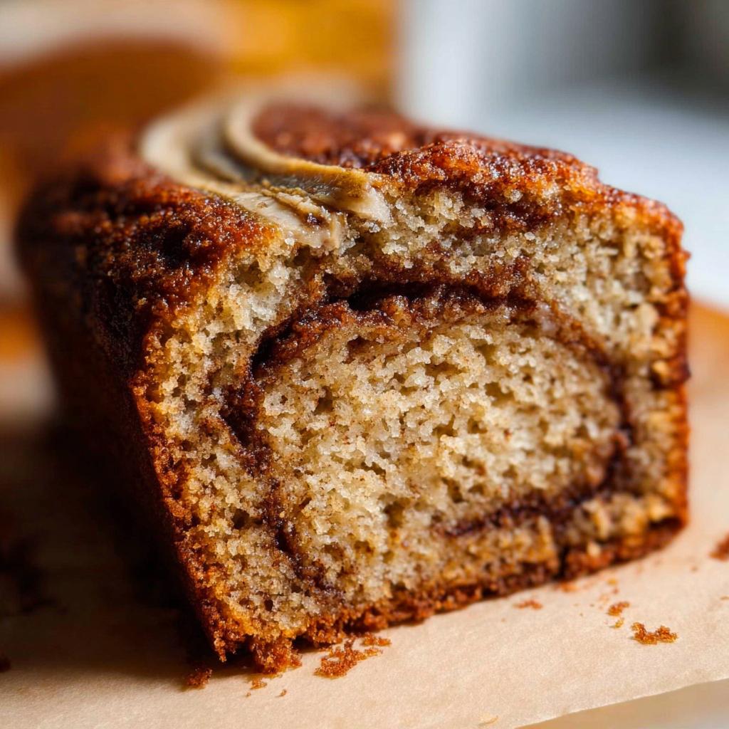 Close-up view of a slice of Cinnamon Swirl Banana Bread showing the moist crumb and dark cinnamon swirl.