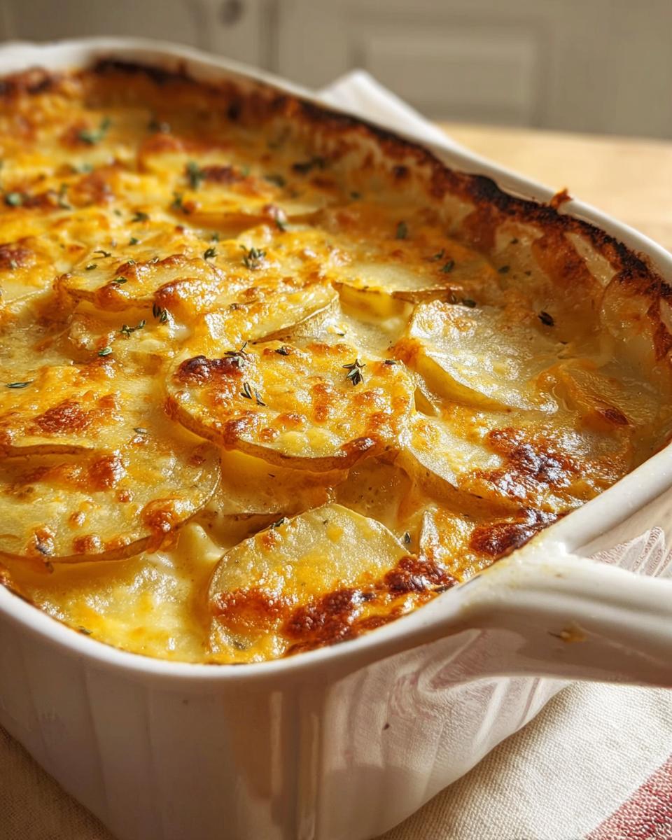 Close-up of baked Au Gratin Potatoes with a golden, cheesy, browned top in a white casserole dish.