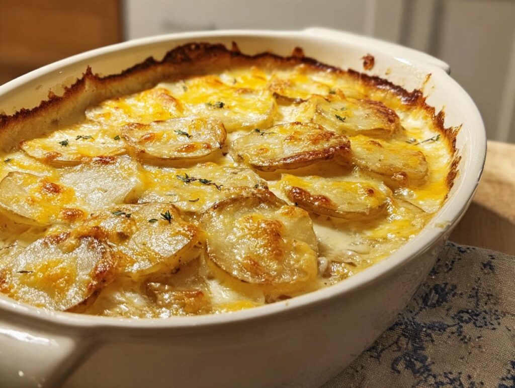 Close-up of classic Au Gratin Potatoes baked until golden brown and bubbly in a white oval casserole dish.