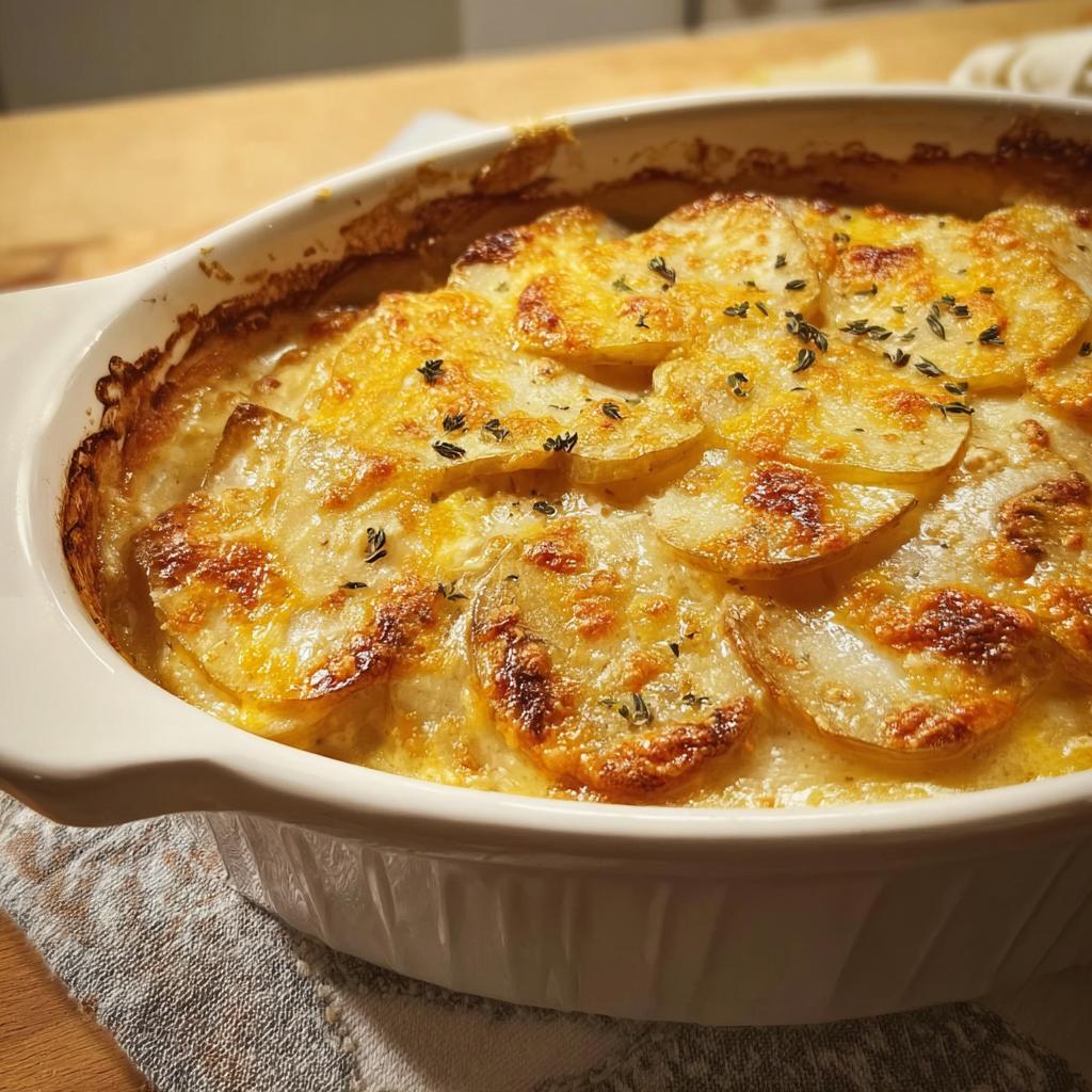 A close-up of creamy, golden-brown Au Gratin Potatoes baked in a white oval casserole dish, topped with herbs.