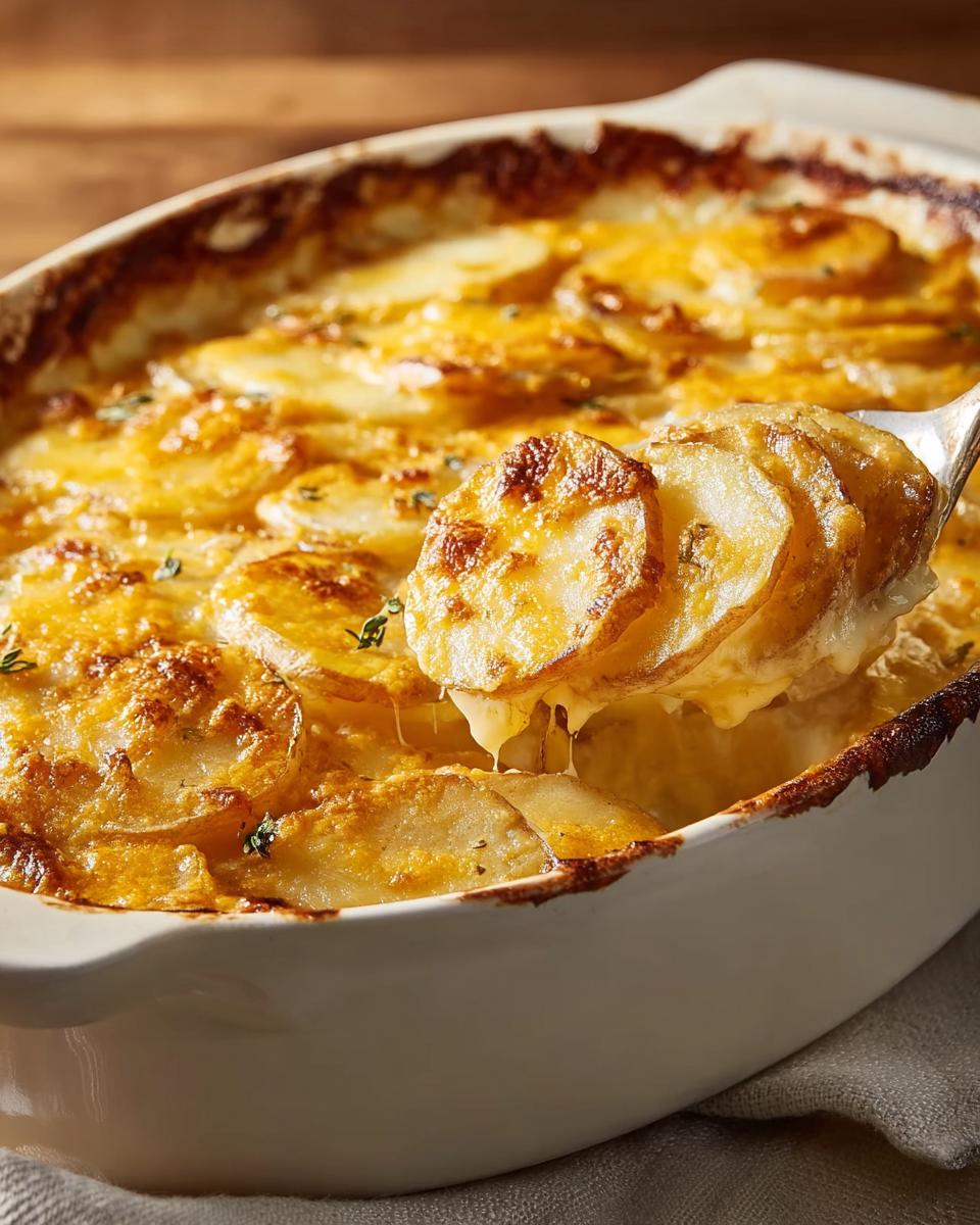 A spoonful of creamy, cheesy Au Gratin Potatoes being lifted from a white baking dish.