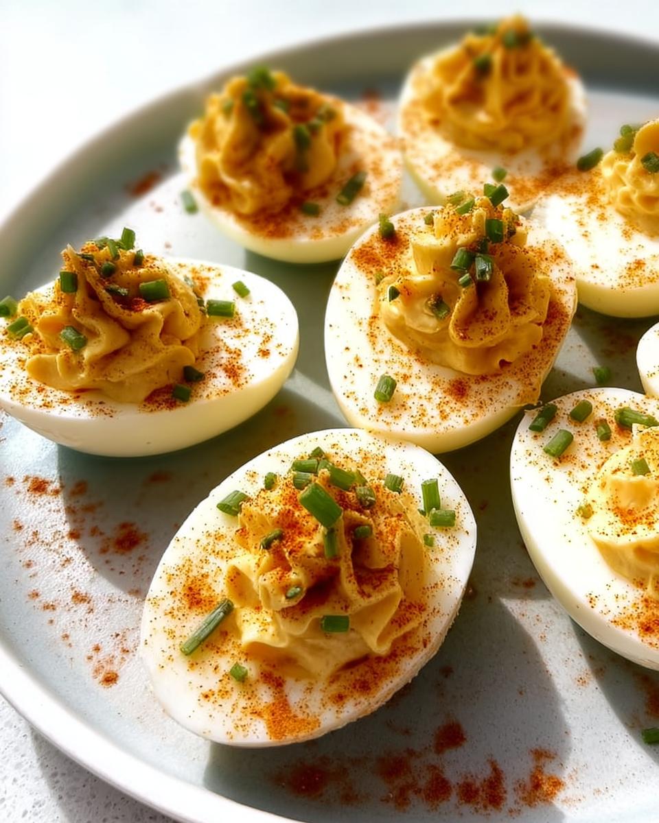 A plate of perfectly prepared Classic Deviled Eggs, piped high and garnished with paprika and fresh green chives.