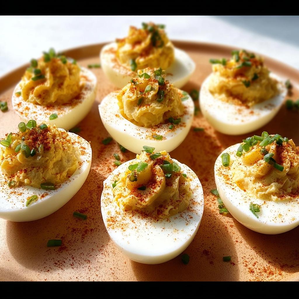 Six halves of Classic Deviled Eggs filled with creamy yolk mixture, topped with paprika and chives.