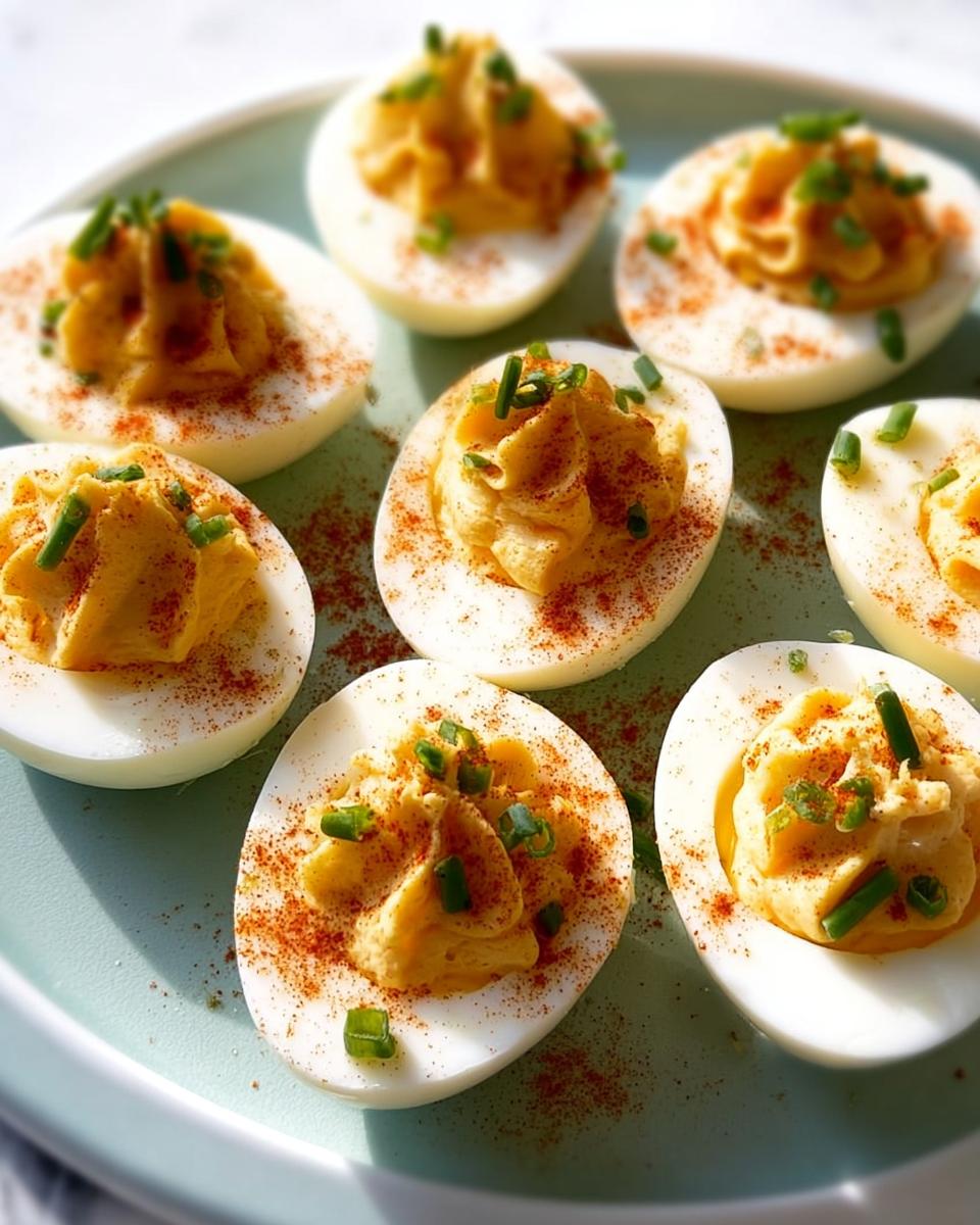 A close-up of several Classic Deviled Eggs, piped high with filling, sprinkled with paprika and chives.