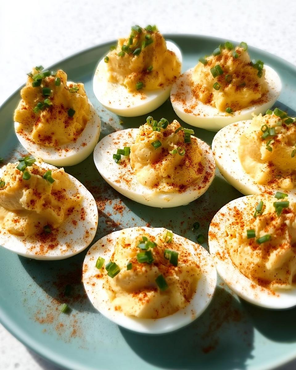 Seven halves of Classic Deviled Eggs arranged on a teal plate, topped with paprika and fresh green chives.