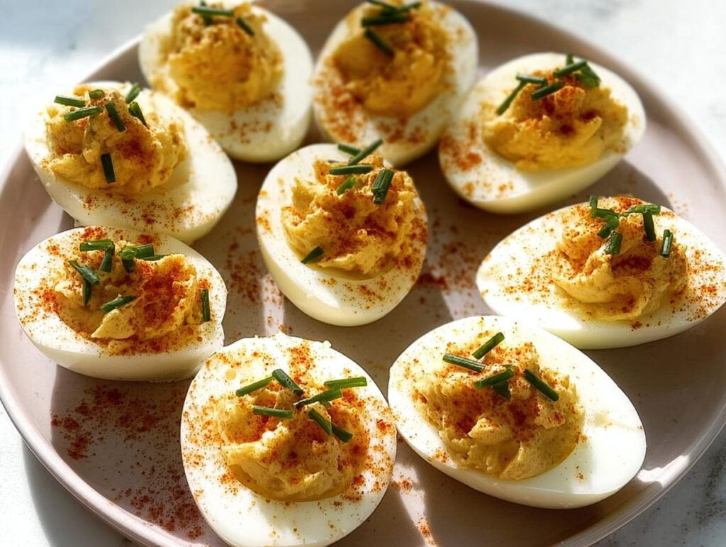 A platter of perfectly made Classic Deviled Eggs, garnished with paprika and fresh chives.