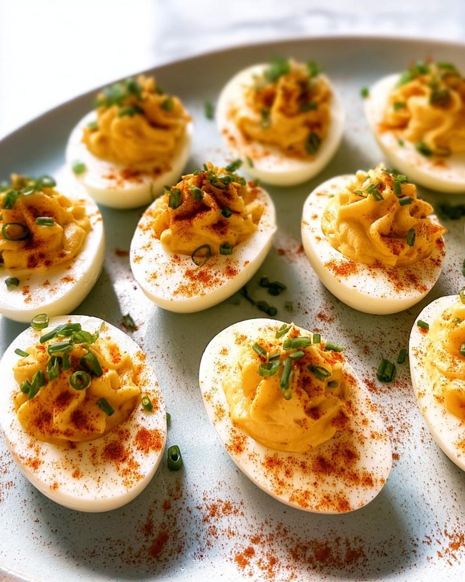 A platter of perfectly piped Classic Deviled Eggs, garnished with paprika and fresh green chives.