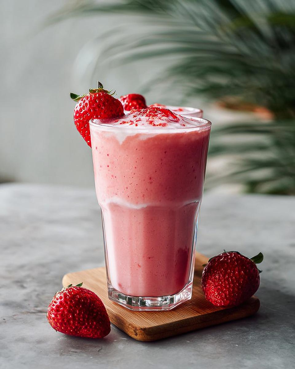 A tall glass filled with a pink Strawberry Banana Smoothie, garnished with fresh strawberries.