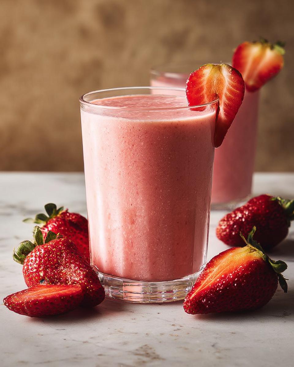 A tall glass filled with a pink Strawberry Banana Smoothie, garnished with a fresh strawberry slice.