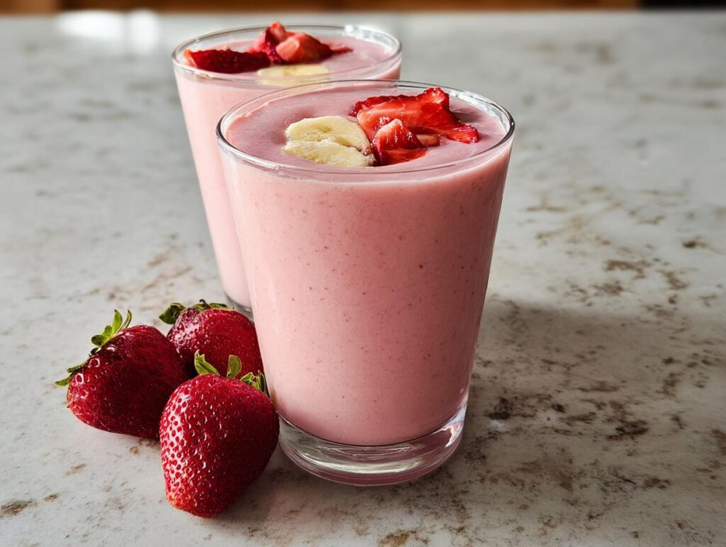 Two glasses filled with a creamy pink Strawberry Banana Smoothie, garnished with fresh fruit slices.