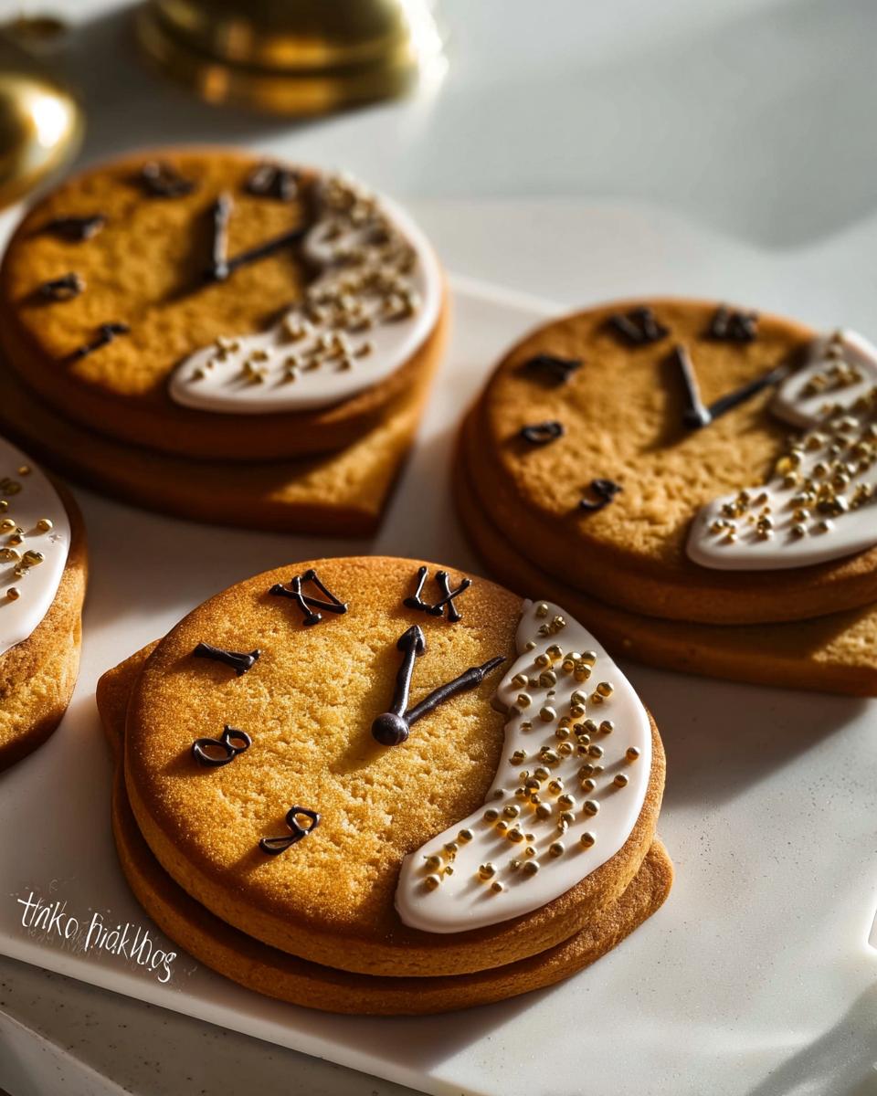 Close-up of several round Clock Face Countdown Cookies decorated like clocks with black hands and white icing sprinkles.