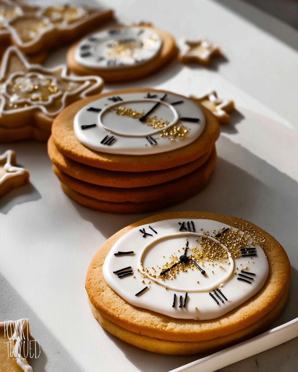 Two stacks of round Clock Face Countdown Cookies decorated with white icing, black Roman numerals, and gold edible glitter.