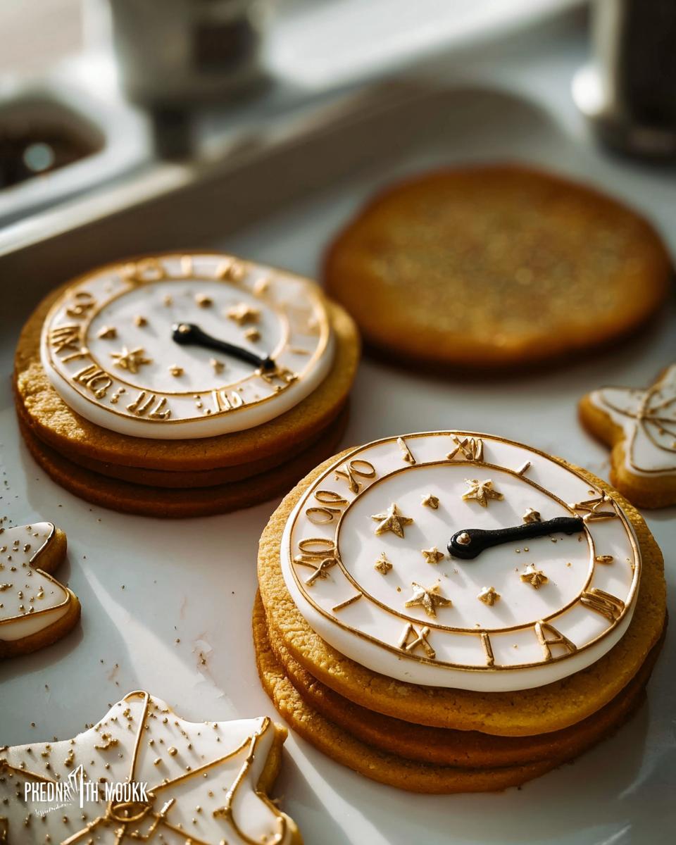Close-up of stacked, round Clock Face Countdown Cookies decorated with white icing, gold Roman numerals, and black hands.