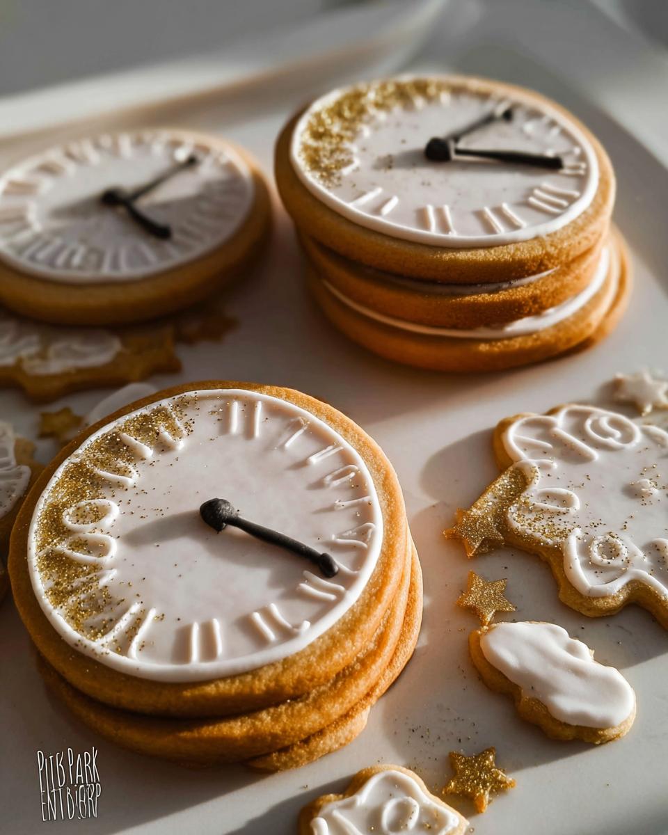 Close-up of stacked Clock Face Countdown Cookies decorated with white icing and black hands, featuring gold glitter accents.