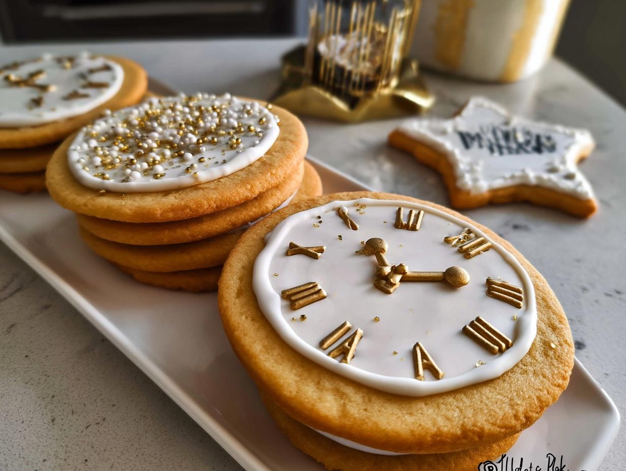 Close-up of stacked Clock Face Countdown Cookies decorated with white icing and gold Roman numerals and hands.