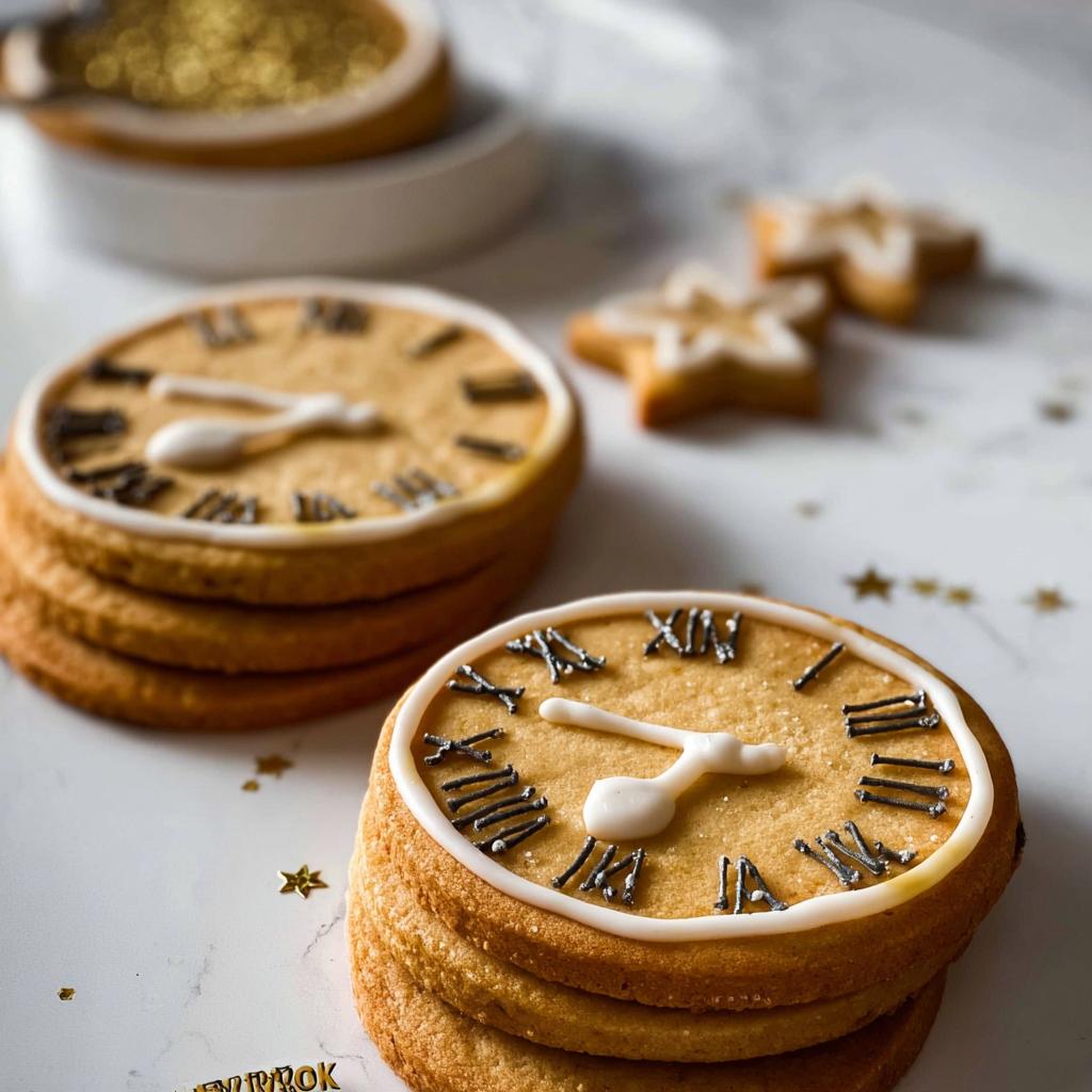 Close-up of stacked Clock Face Countdown Cookies decorated with white icing and silver Roman numerals.