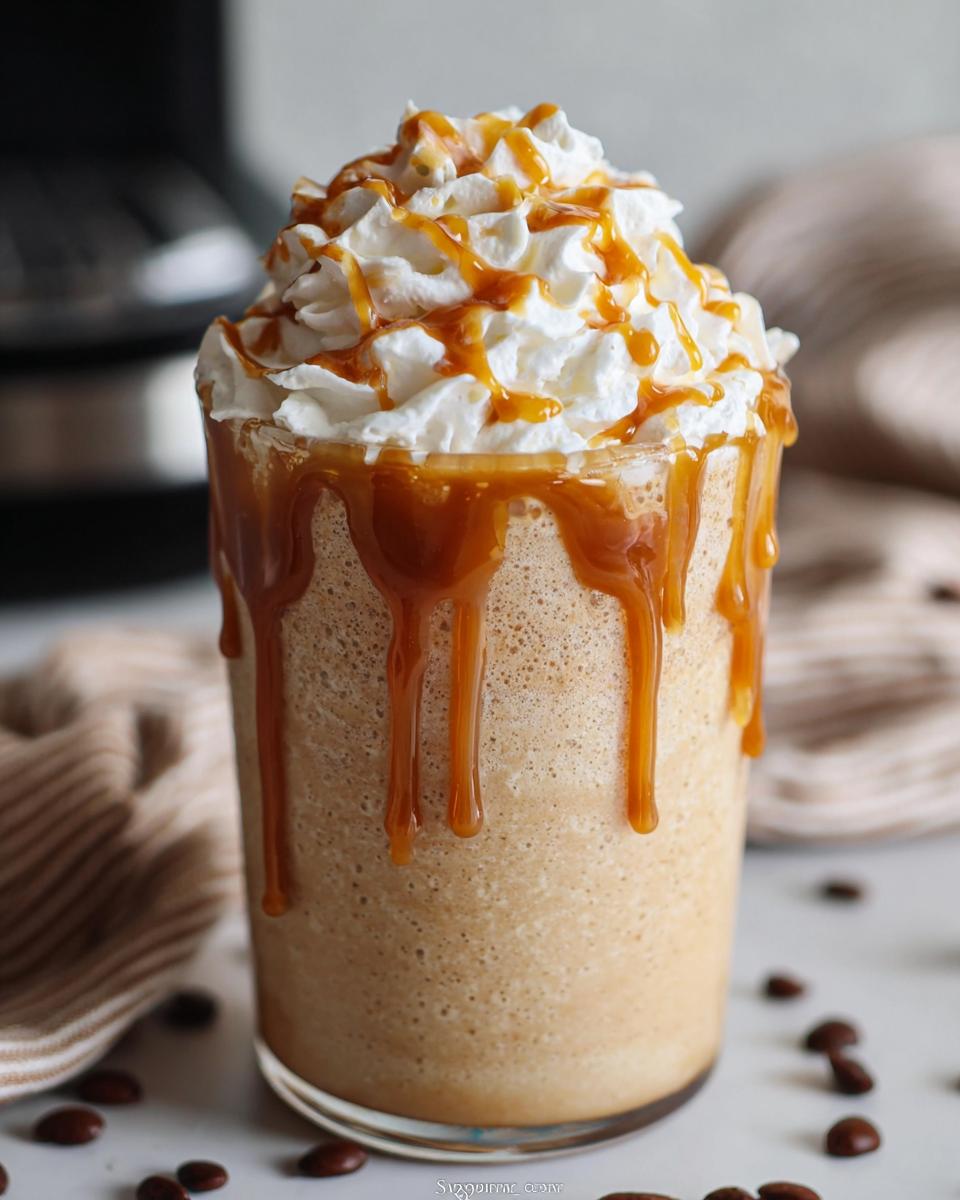 A tall glass filled with a blended Caramel Frappuccino, topped with whipped cream and drizzled with caramel sauce.