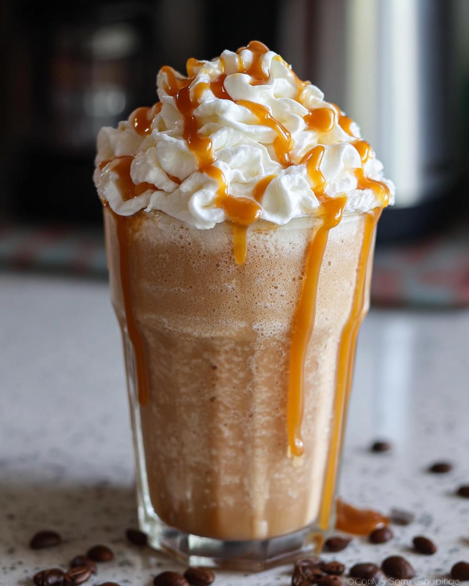 A tall glass filled with a blended Caramel Frappuccino (Copycat) topped with whipped cream and caramel drizzle.