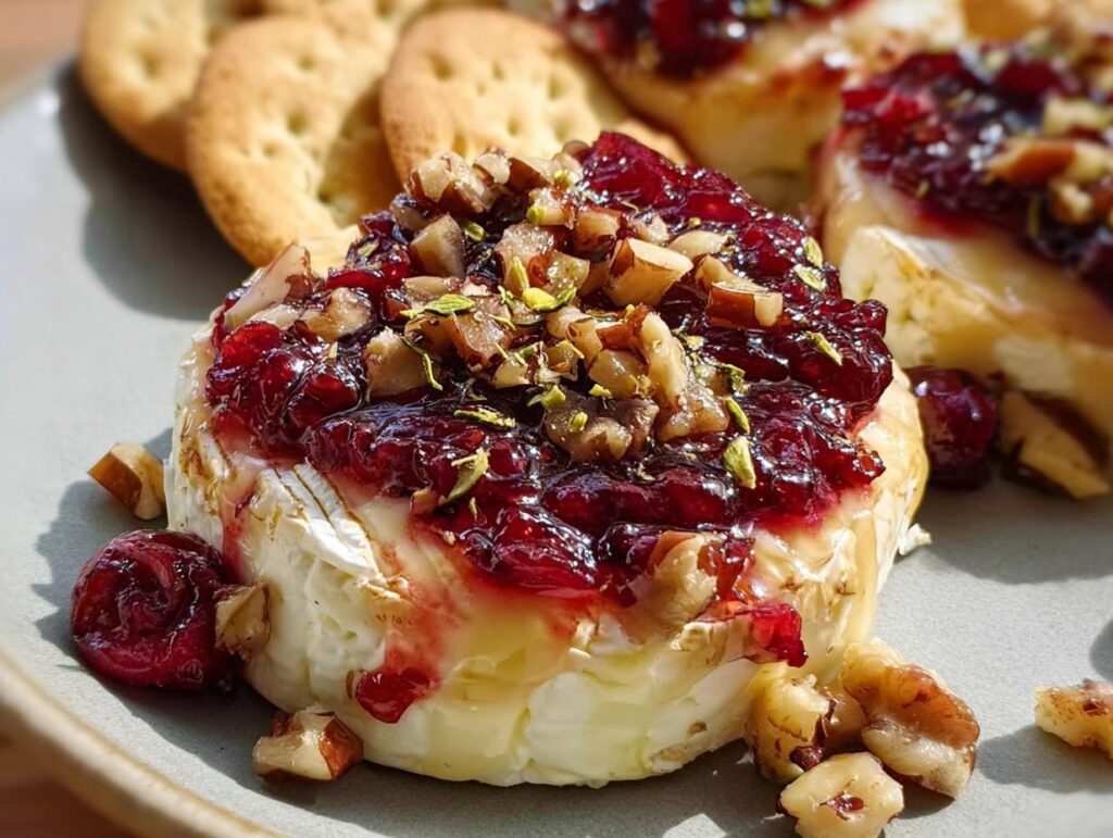 Close-up of baked Cranberry Brie Bites topped with rich cranberry sauce and chopped walnuts.