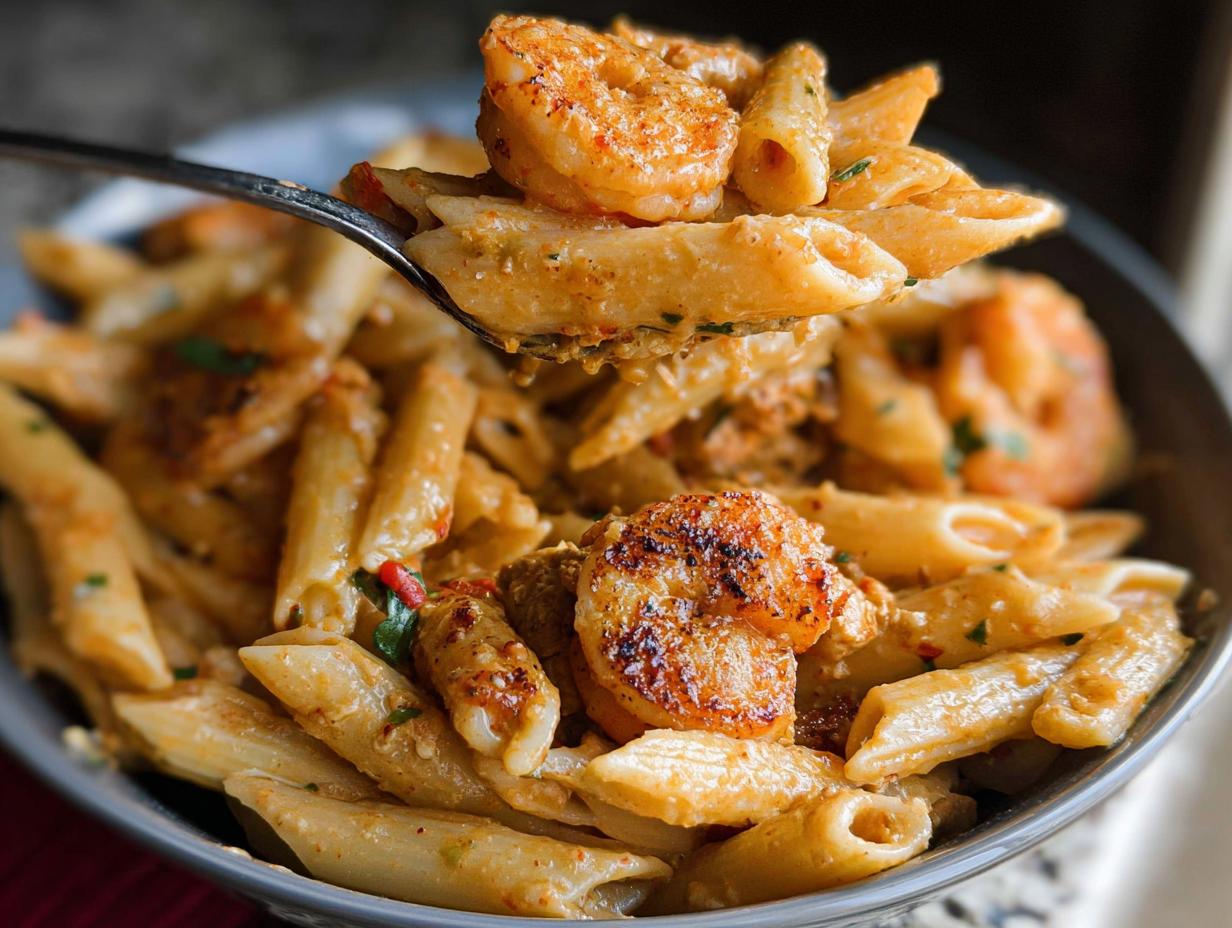 Close-up of creamy Cajun Shrimp Pasta featuring penne noodles and seasoned shrimp lifted on a spoon.