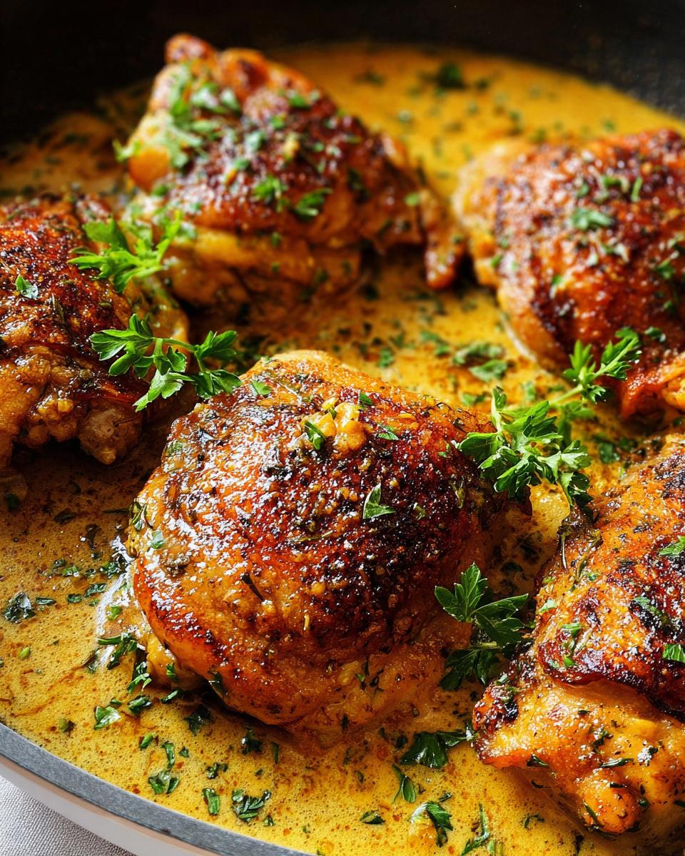 Close-up of pan-seared chicken thighs in a creamy garlic sauce, garnished with fresh parsley. Perfect for quick chicken thigh recipes.