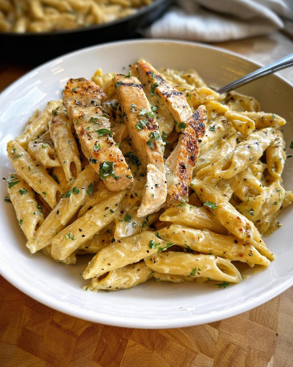 A white bowl filled with Creamy Garlic Parmesan Chicken Pasta topped with grilled chicken strips and parsley.