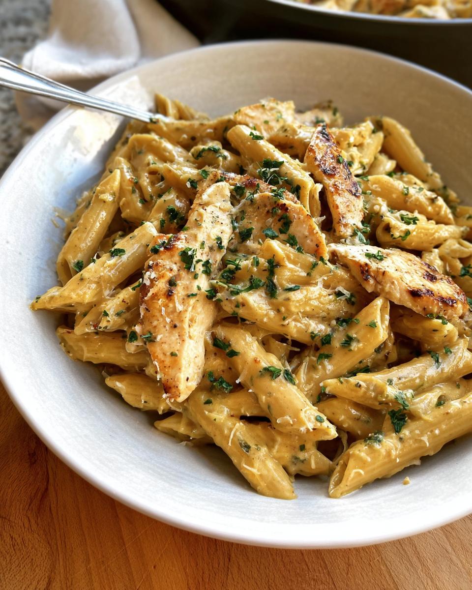 A close-up of a bowl filled with Creamy Garlic Parmesan Chicken Pasta, topped with grilled chicken slices and parsley.