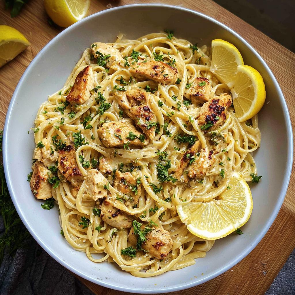 A close-up overhead shot of Creamy Garlic Parmesan Chicken Pasta topped with grilled chicken pieces and parsley.