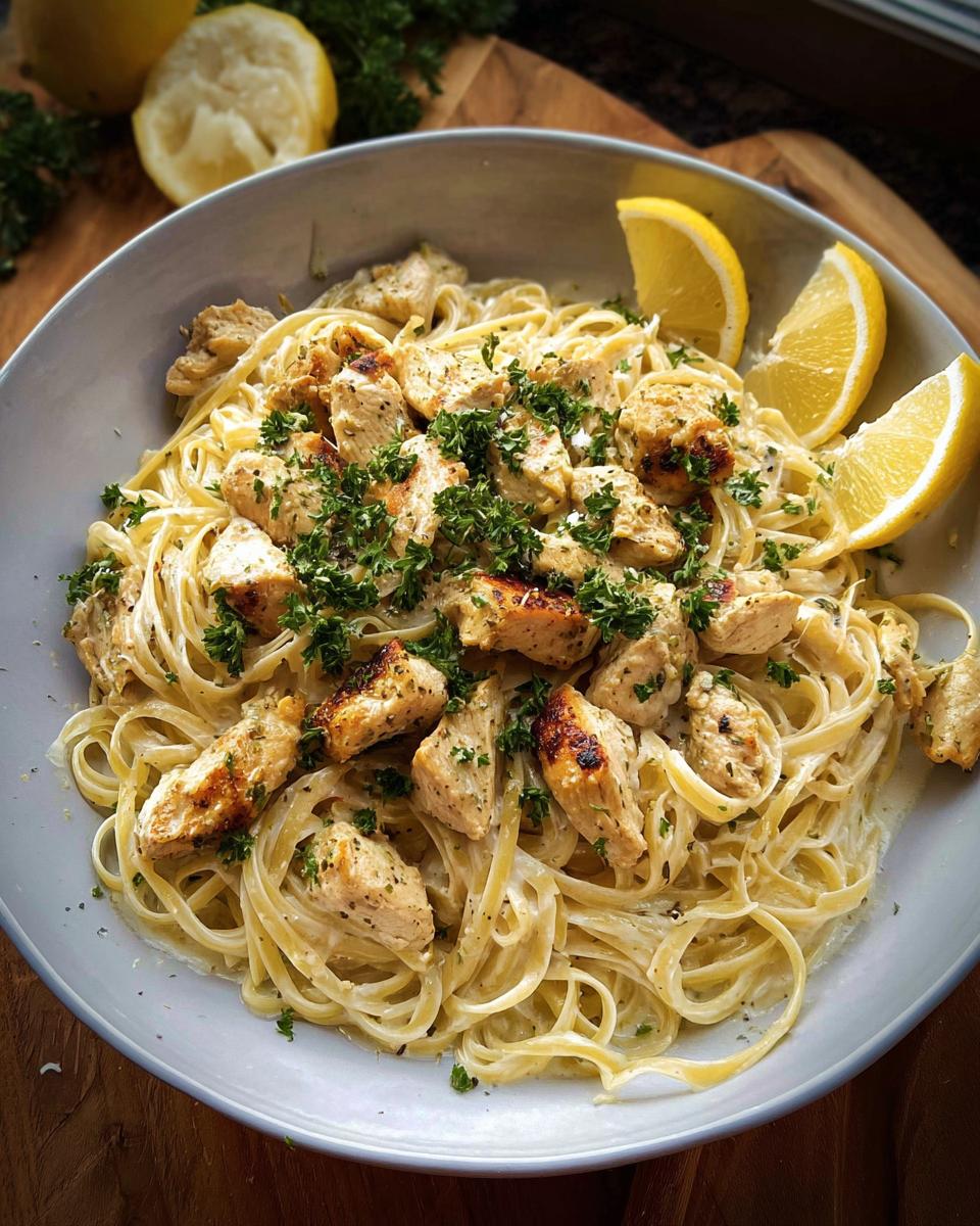 A bowl of Creamy Garlic Parmesan Chicken Pasta topped with grilled chicken pieces and fresh parsley.