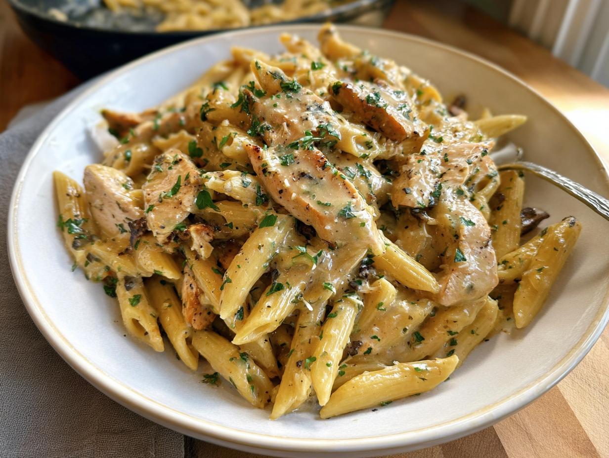 A close-up of Creamy Garlic Parmesan Chicken Pasta featuring penne, sliced chicken, and a rich sauce topped with parsley.