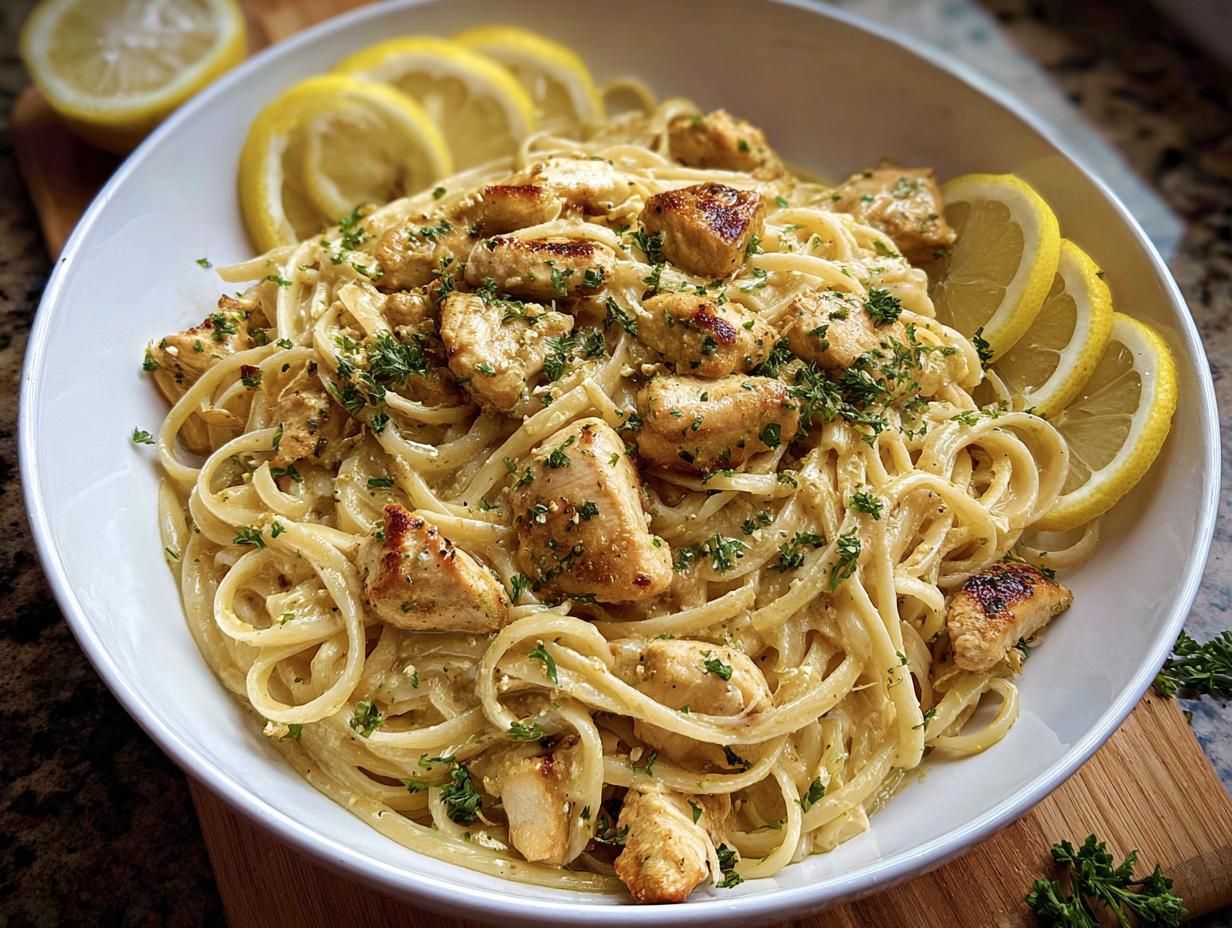 A close-up of Creamy Garlic Parmesan Chicken Pasta tossed in a rich sauce and topped with seared chicken pieces and parsley.