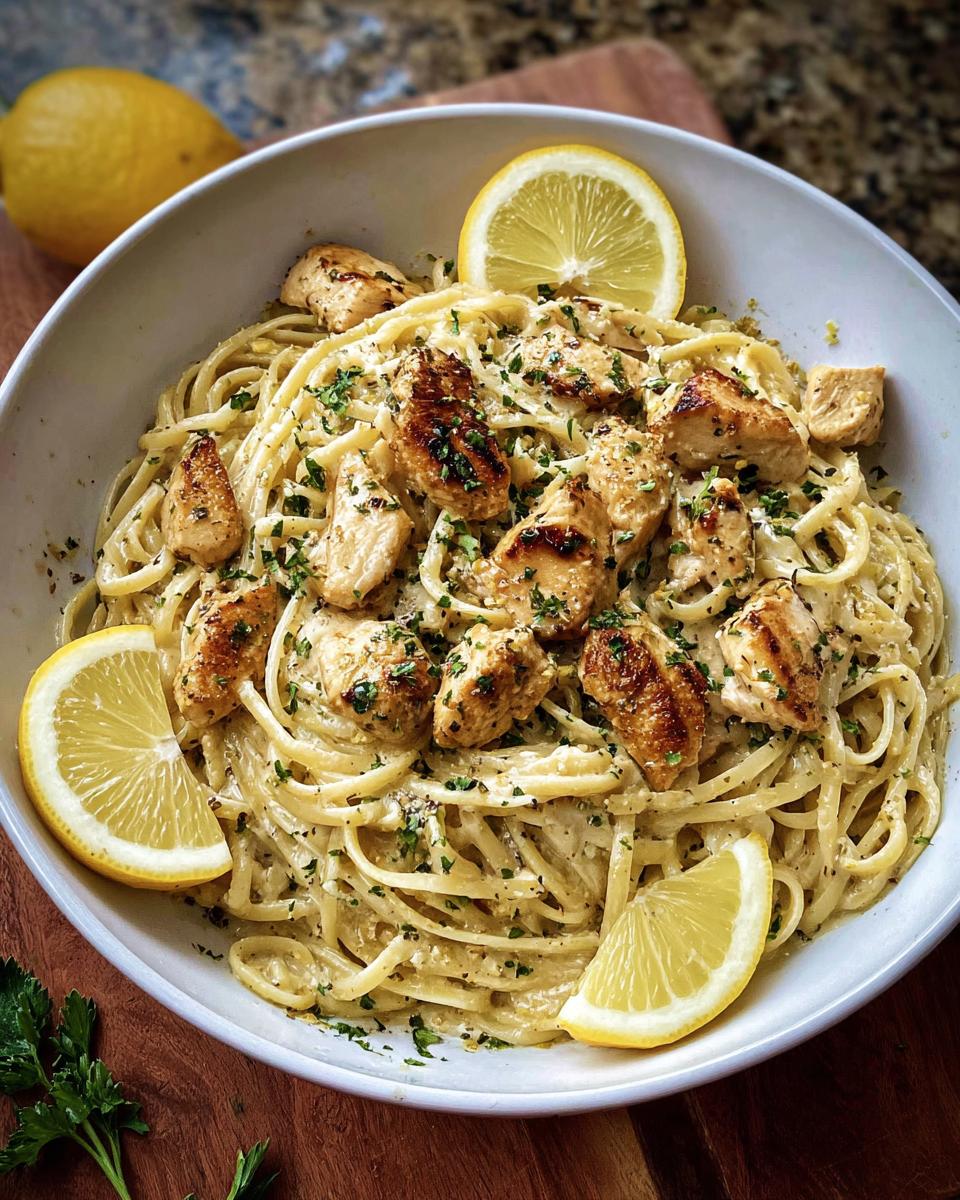 A bowl of Creamy Garlic Parmesan Chicken Pasta topped with grilled chicken pieces and lemon slices.