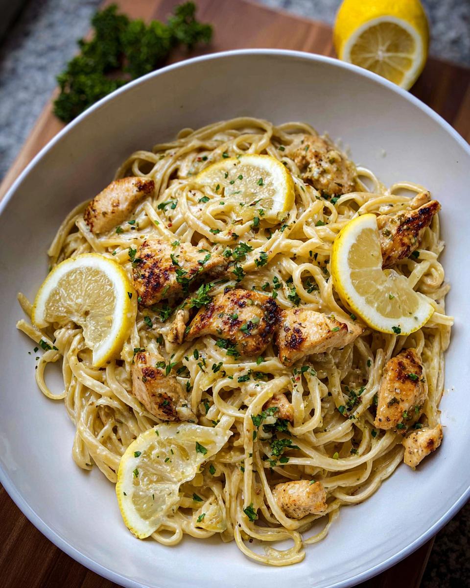 A bowl of Creamy Garlic Parmesan Chicken Pasta topped with grilled chicken pieces and fresh lemon slices.