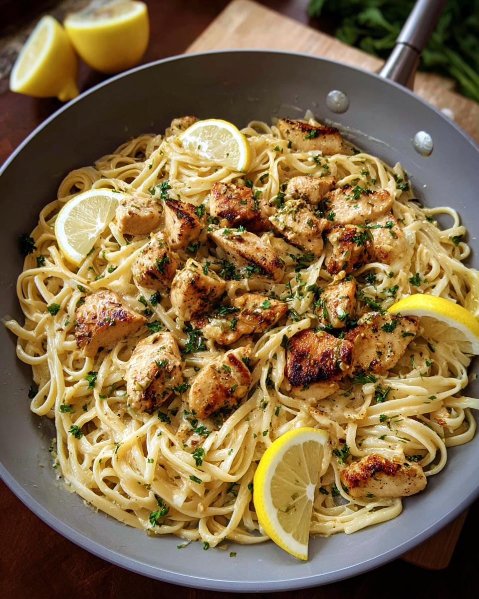 Close-up of Creamy Garlic Parmesan Chicken Pasta tossed with herbs and garnished with lemon slices in a grey skillet.