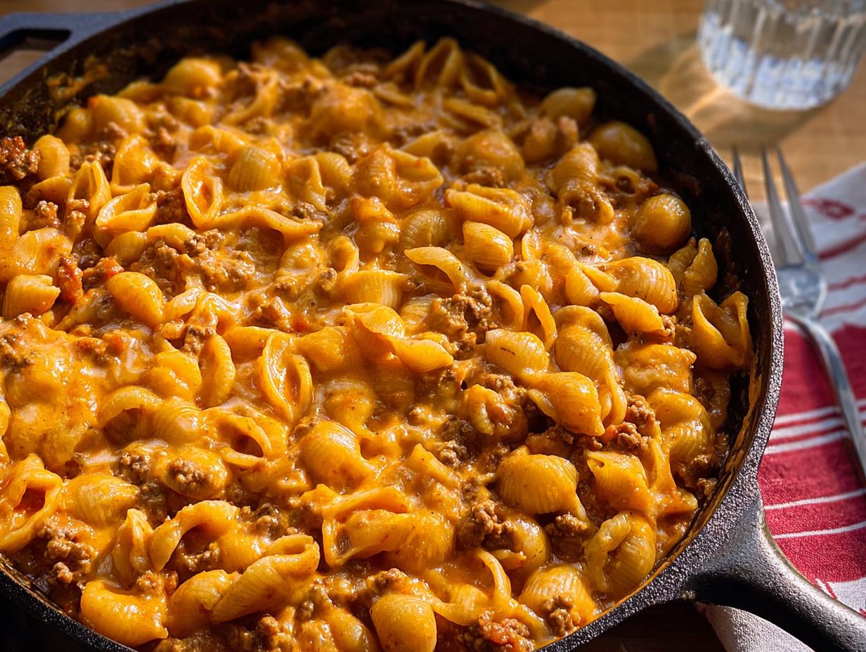 A close-up view of a rich, cheesy Creamy Hamburger Skillet made with shell pasta and ground beef in a black cast iron pan.