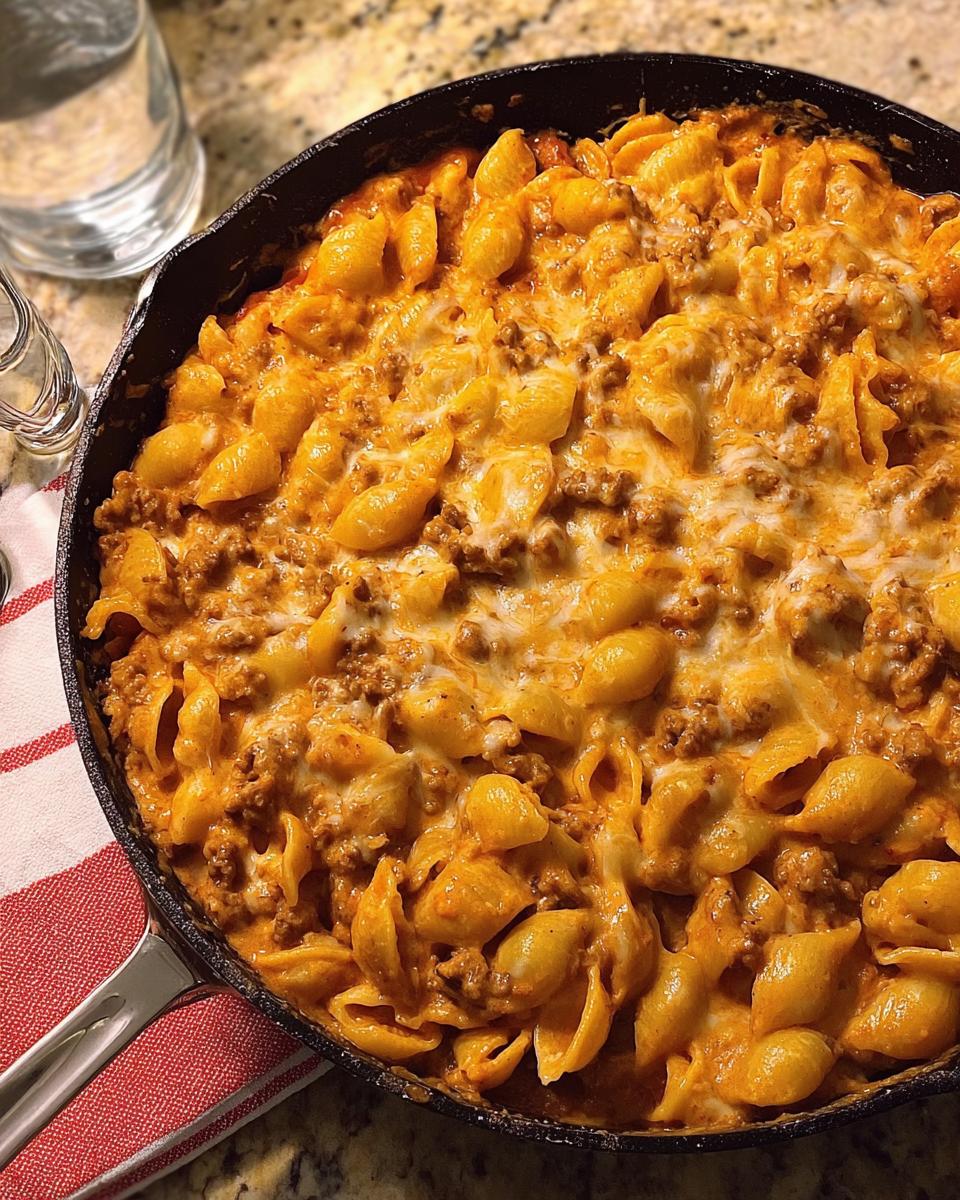 Close-up of a rich Creamy Hamburger Skillet with shell pasta, ground beef, and melted cheese in a black cast iron pan.