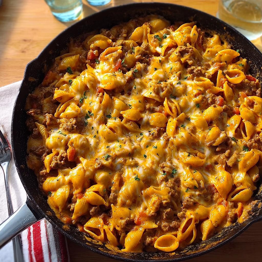 Close-up of a skillet filled with creamy hamburger skillet pasta topped with melted cheddar and mozzarella cheese.