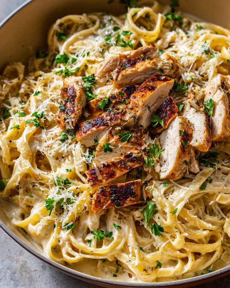 Close-up of Creamy Lemon Chicken Pasta topped with sliced grilled chicken, grated parmesan, and fresh parsley.