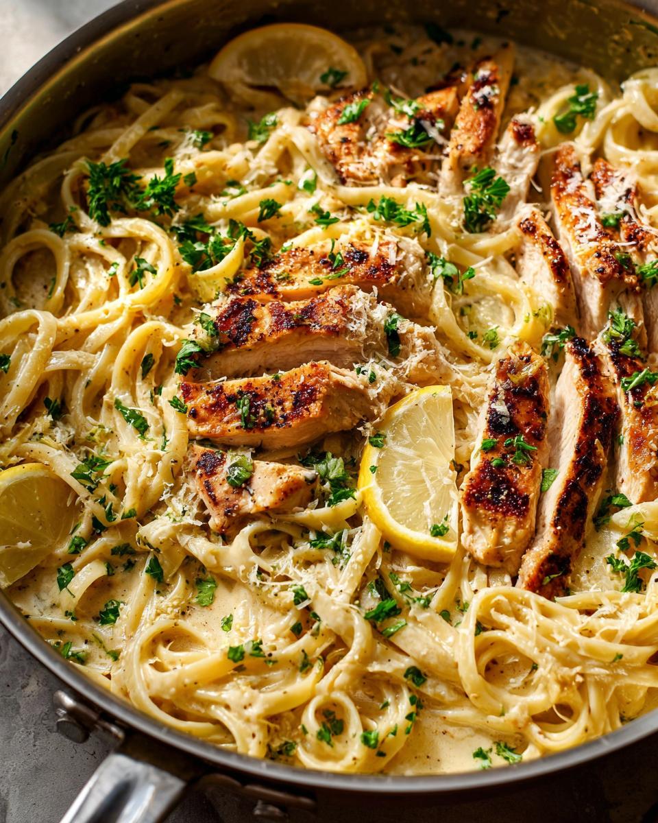 Close-up of Creamy Lemon Chicken Pasta featuring grilled chicken slices, fettuccine, lemon wedges, and parsley.