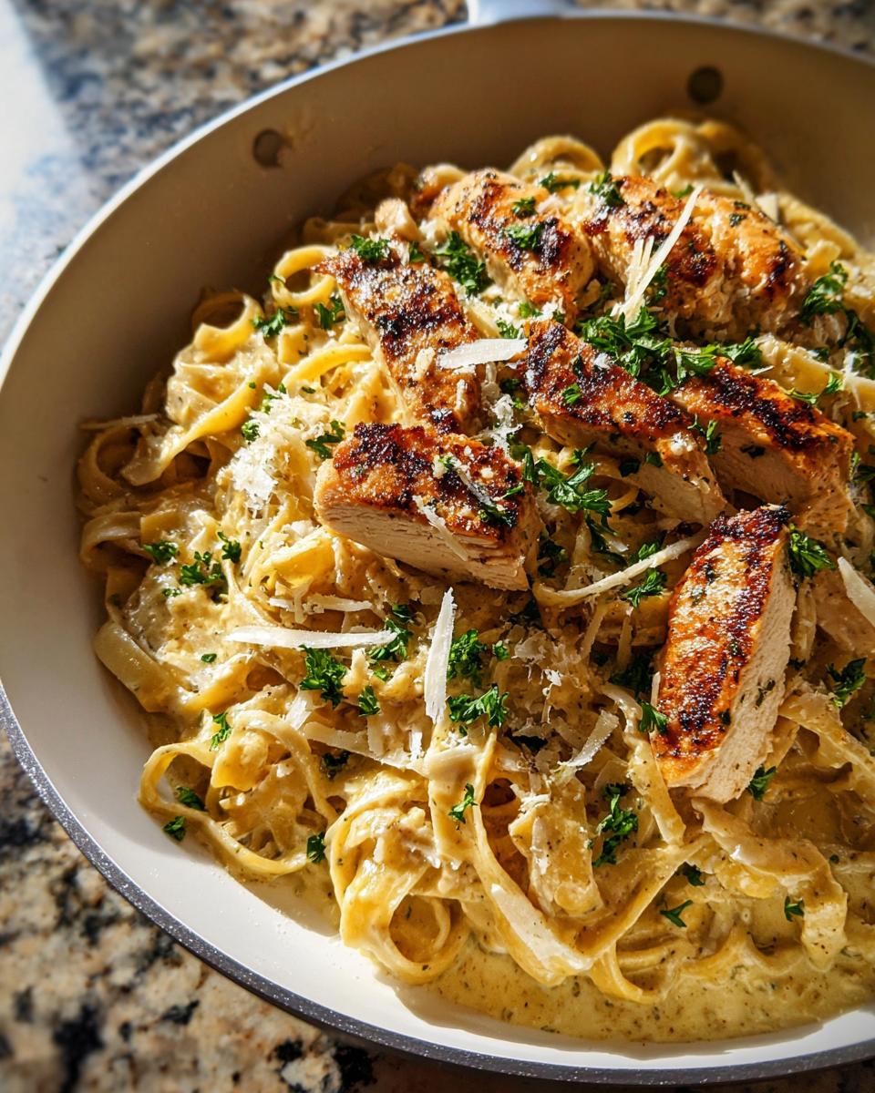 Close-up of Creamy Lemon Chicken Pasta with grilled chicken slices, parmesan, and parsley in a white skillet.