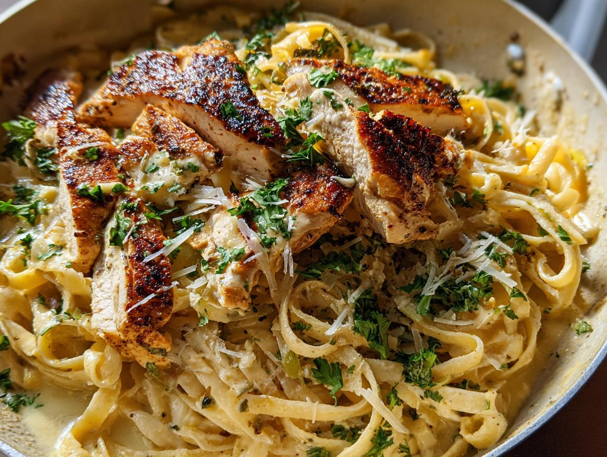 Close-up of sliced, seasoned chicken breast served over fettuccine in a rich, creamy lemon sauce, garnished with parsley and Parmesan for Creamy Lemon Chicken Pasta.