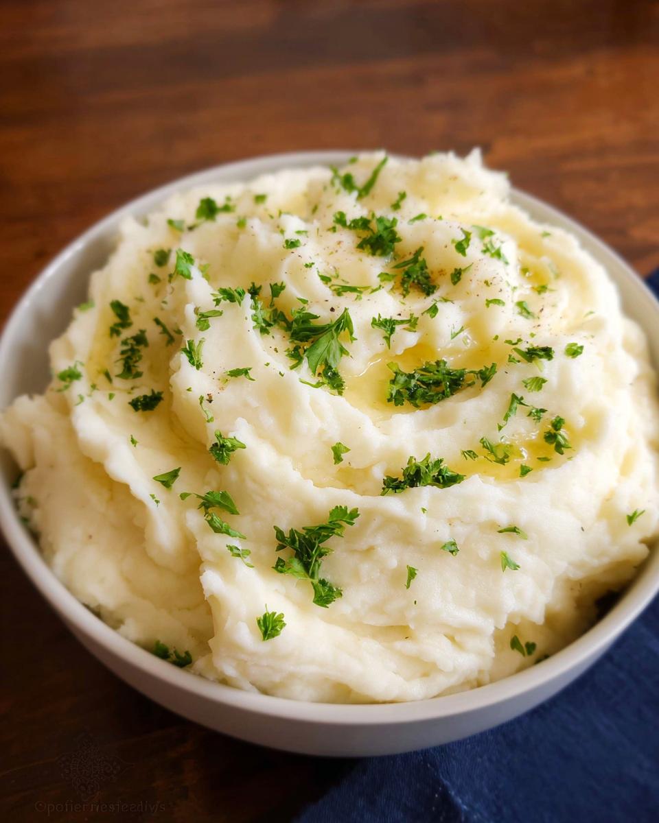 A close-up of a bowl filled with fluffy, creamy mashed potatoes, topped with melted butter and fresh chopped parsley.