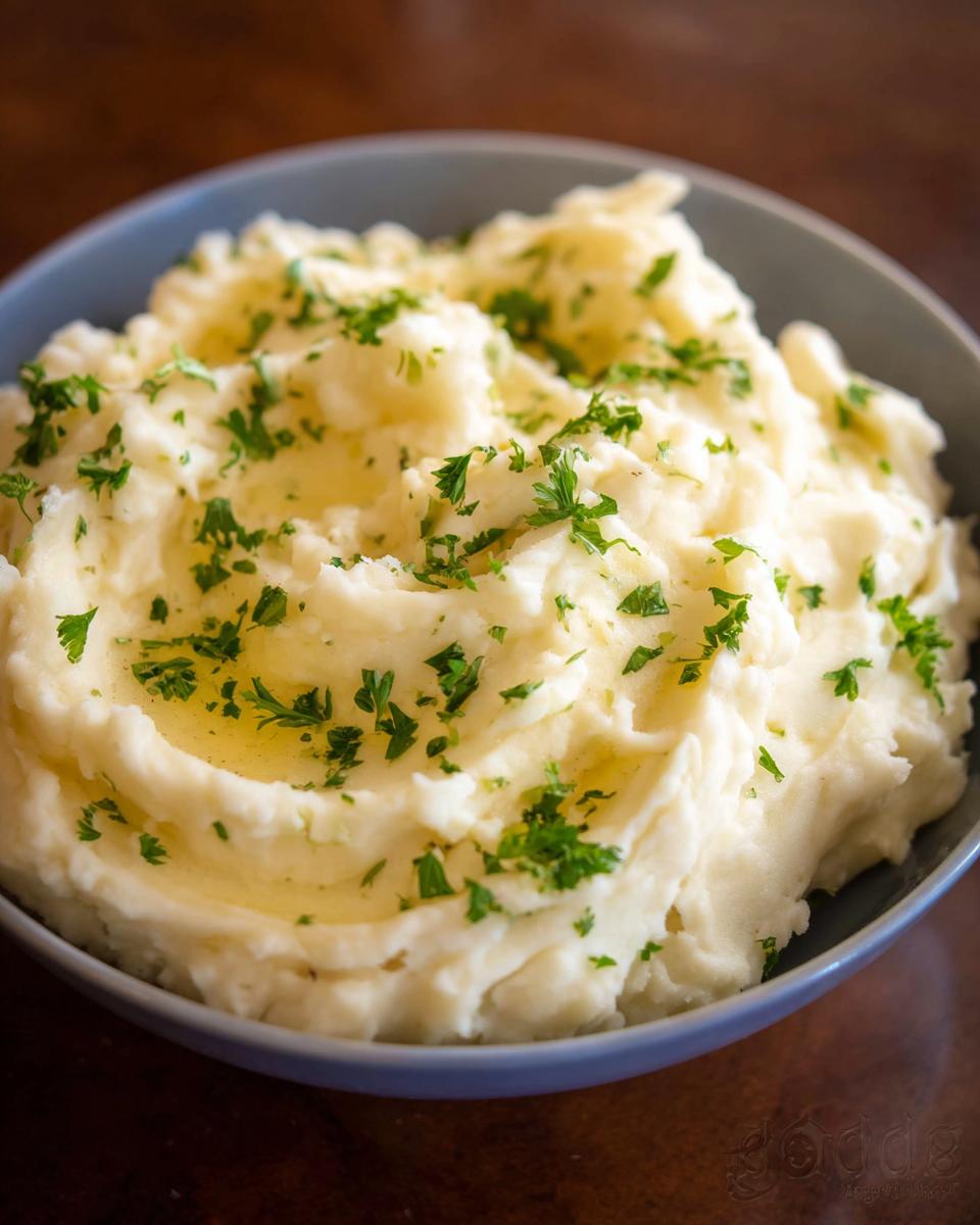 A close-up of fluffy Creamy Mashed Potatoes topped with melted butter and fresh chopped parsley in a blue bowl.
