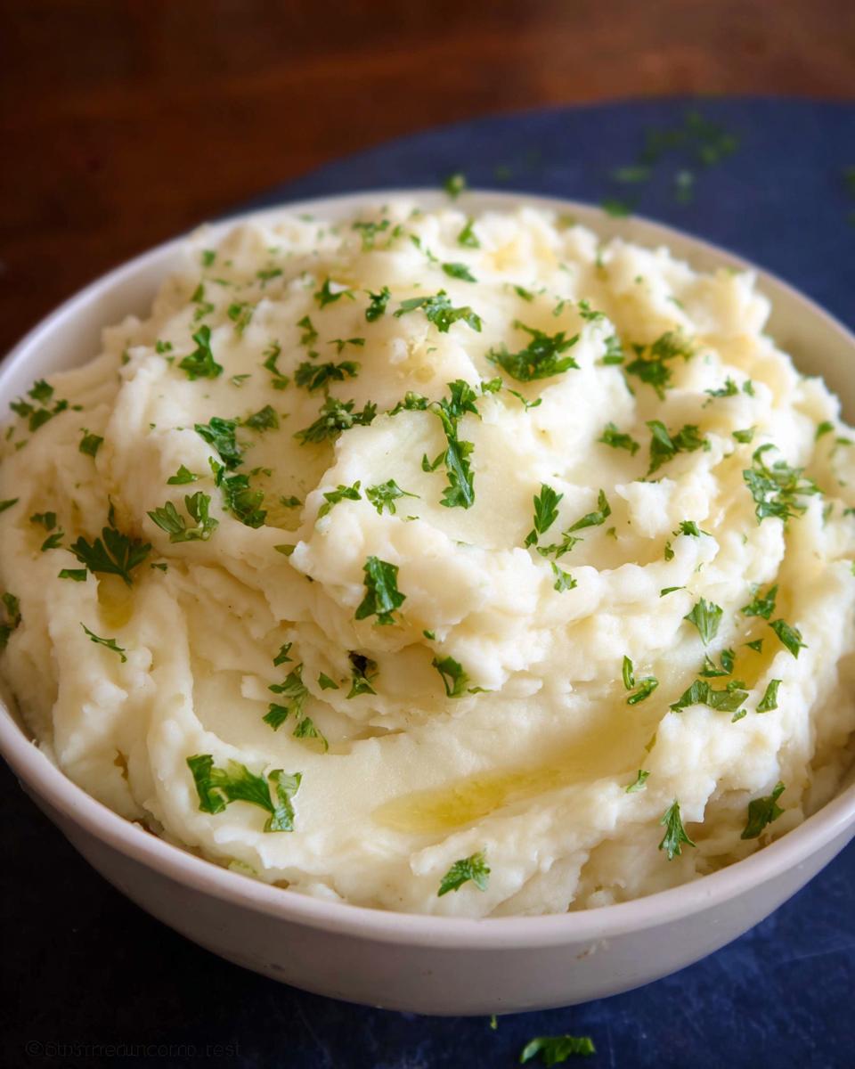 A close-up of a bowl filled with fluffy, creamy mashed potatoes, topped with melted butter and fresh chopped parsley.