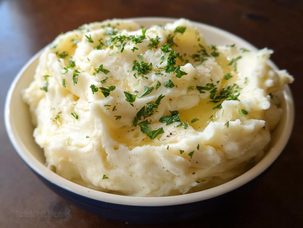 A close-up of fluffy Creamy Mashed Potatoes topped with melted butter and fresh parsley in a blue-rimmed bowl.
