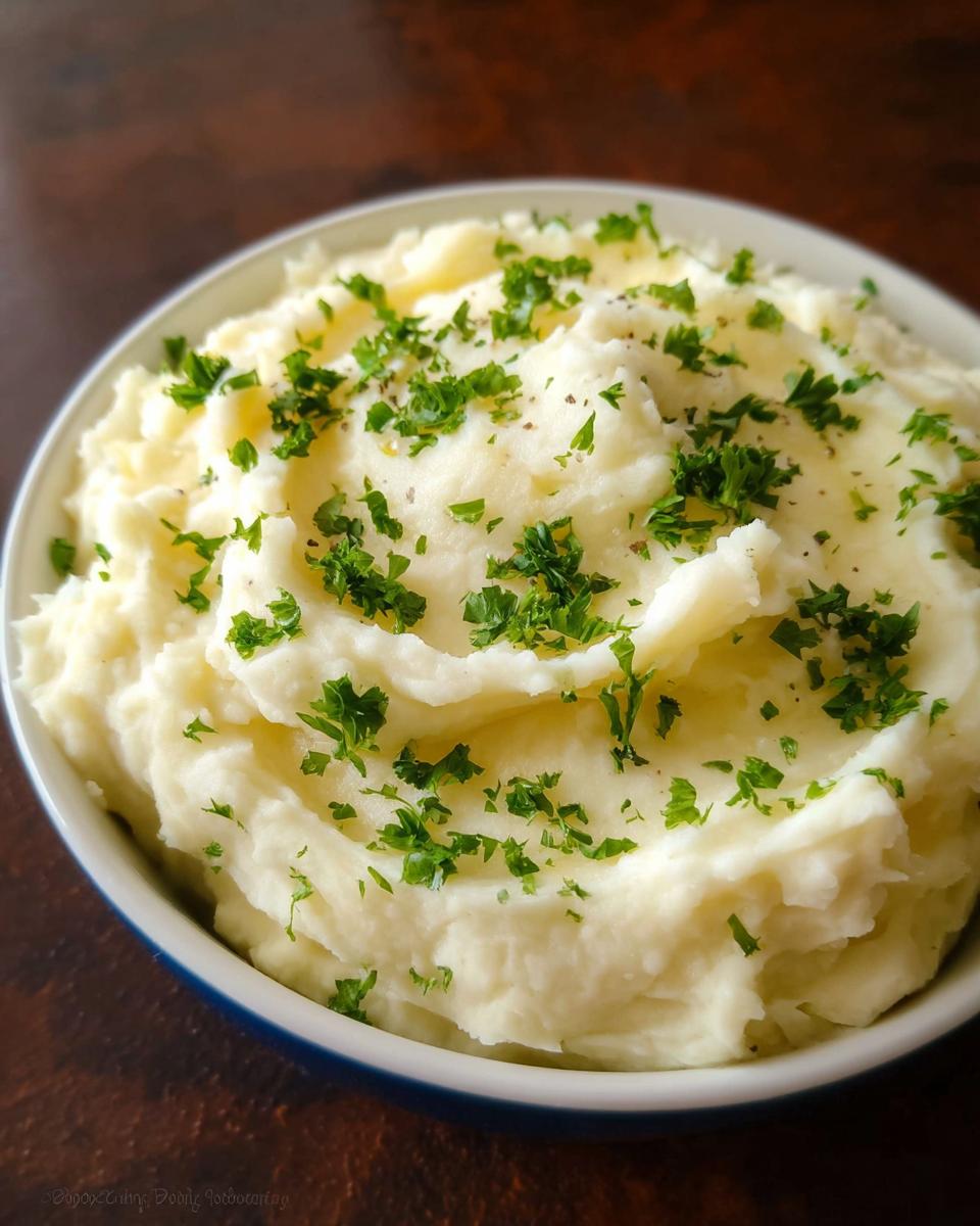 A close-up of fluffy Creamy Mashed Potatoes (Make Ahead) garnished generously with fresh chopped parsley.