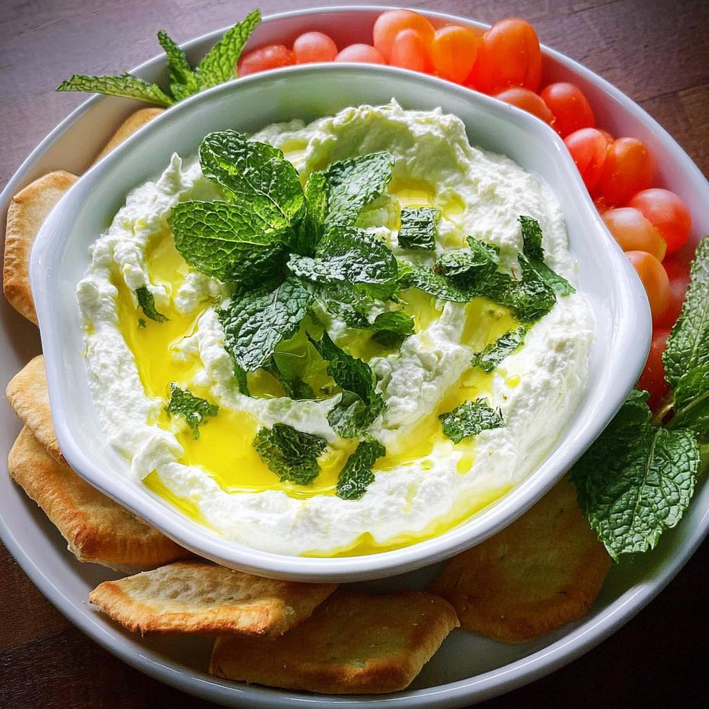 A bowl of creamy white dip topped with fresh mint and olive oil, served with pita bread and cherry tomatoes, perfect for NYE snacks.