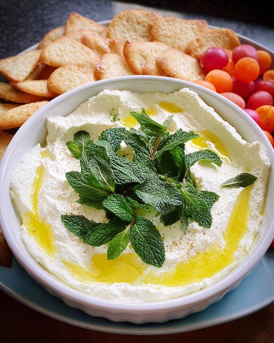 A white bowl filled with a creamy dip, drizzled with olive oil and topped with fresh mint, served with crackers and grapes, ideal for NYE snacks.