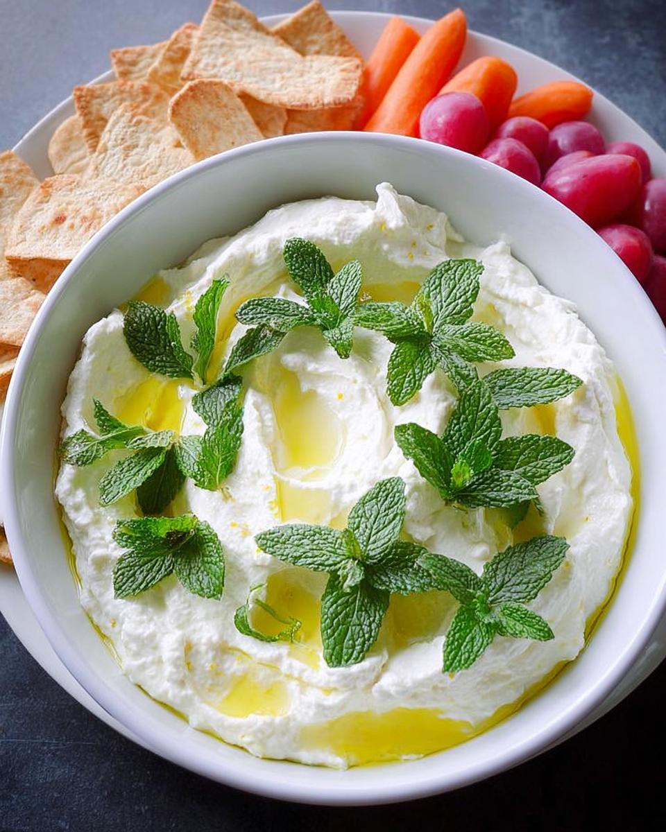 A bowl of creamy white dip topped with olive oil and fresh mint leaves, served with crackers and vegetables, perfect for NYE snacks.